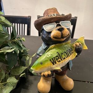 Welcome Bear with Fish Figurine - Brown and Green